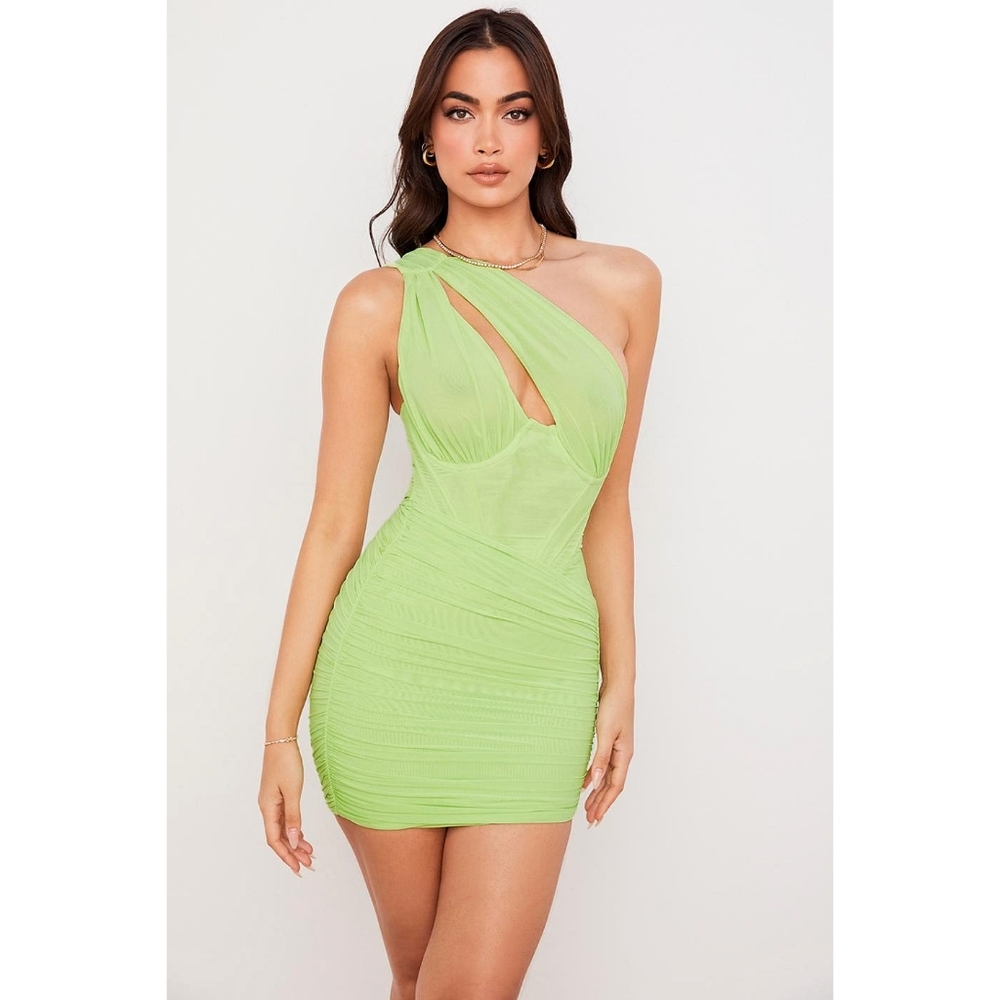 House of CB Clementine Corset Lime Cut Out Ruched Mini Dress